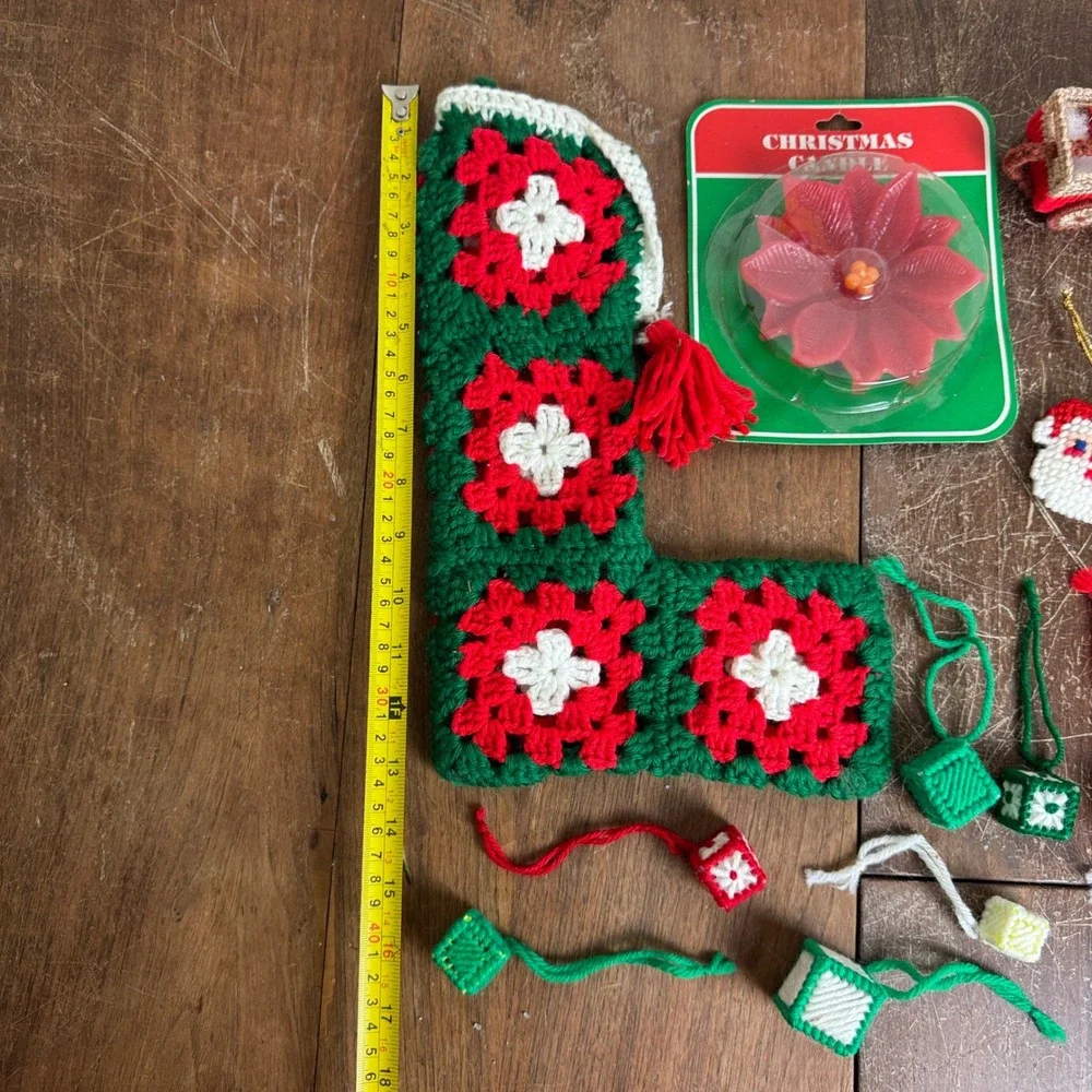 VINTAGE Christmas Granny Square Stocking Poinsettia Candle Various‎ Ornament LOT